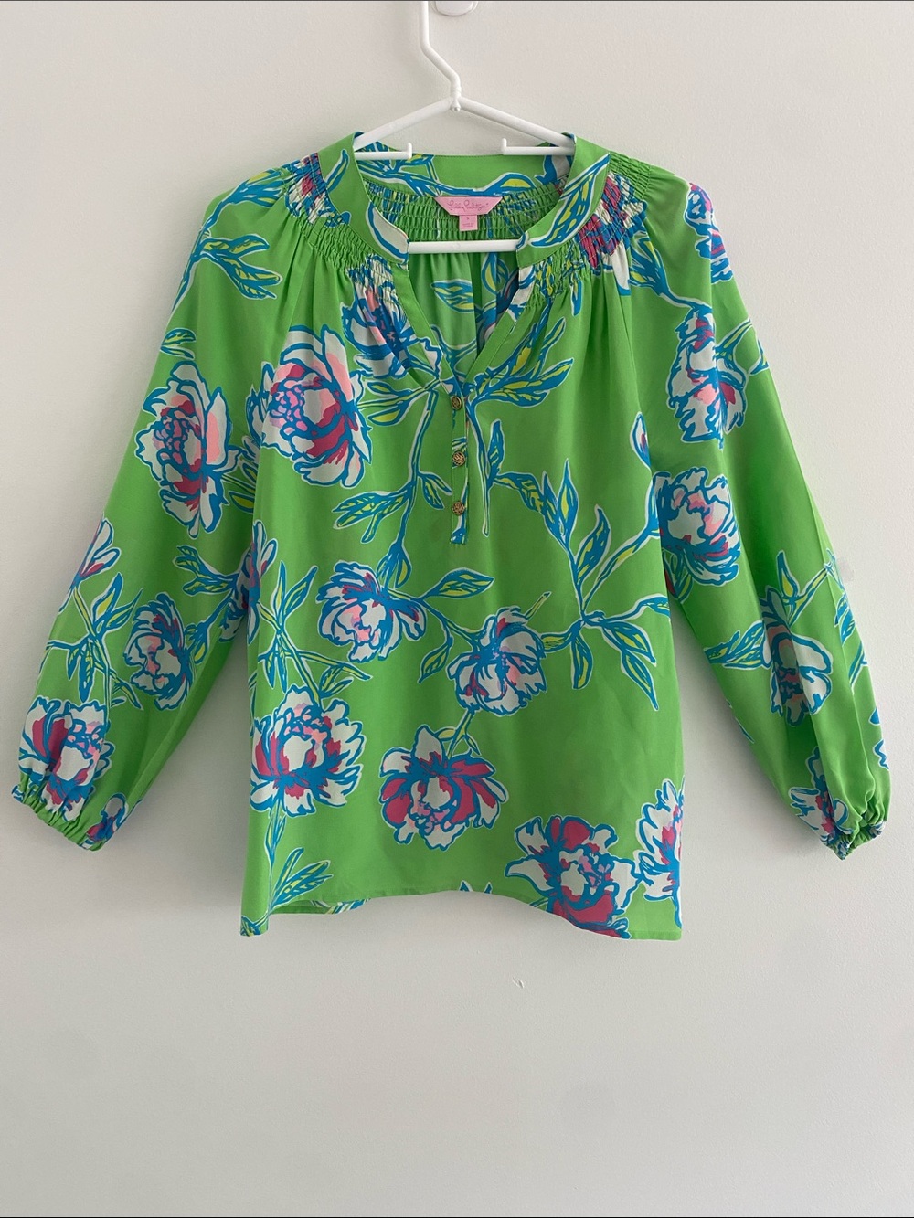 Lilly Pulitzer Elsa Silk Popover Green Floral Size SMALL FLAW
